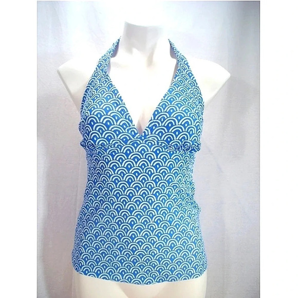 MEDIUM Merona‎ Halter Ties Tankini Swim Suit Top Blue & White Waves NWT - Picture 1 of 4